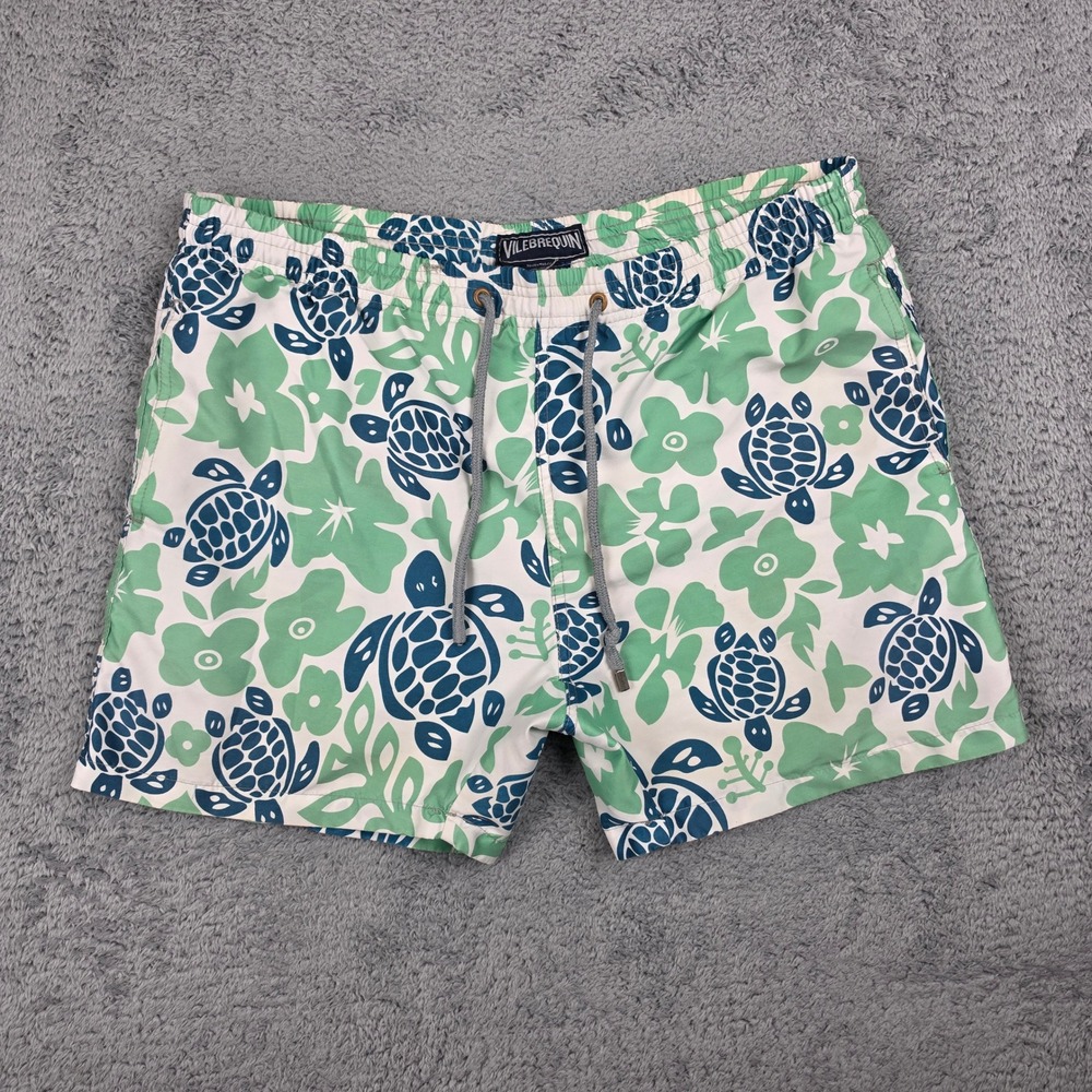 Vilebrequin Swim Trunks Mens XL White Green Blue Turtle Floral Moorea Shorts